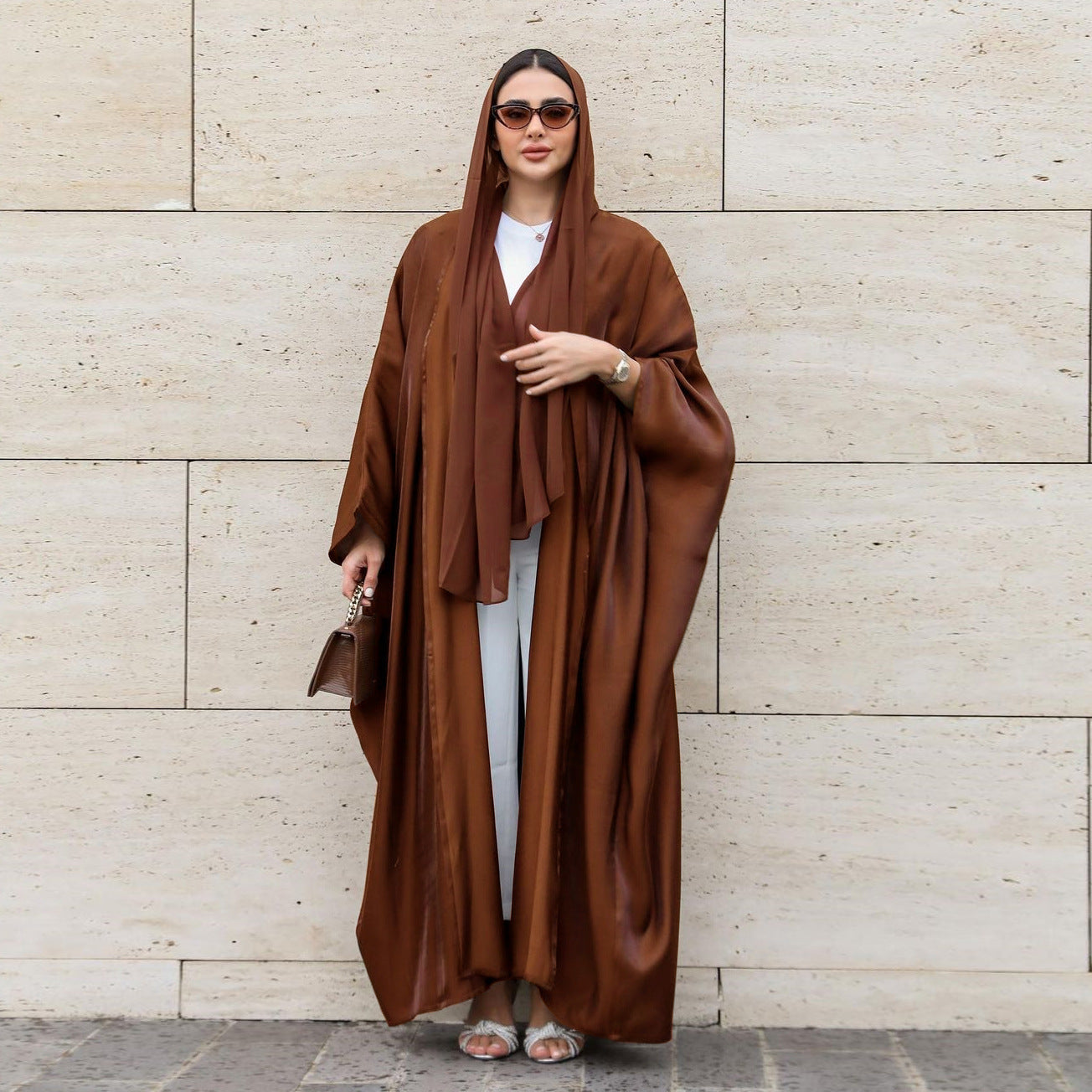 Women's Bright Silk Satin Solid Batwing Sleeve Robe