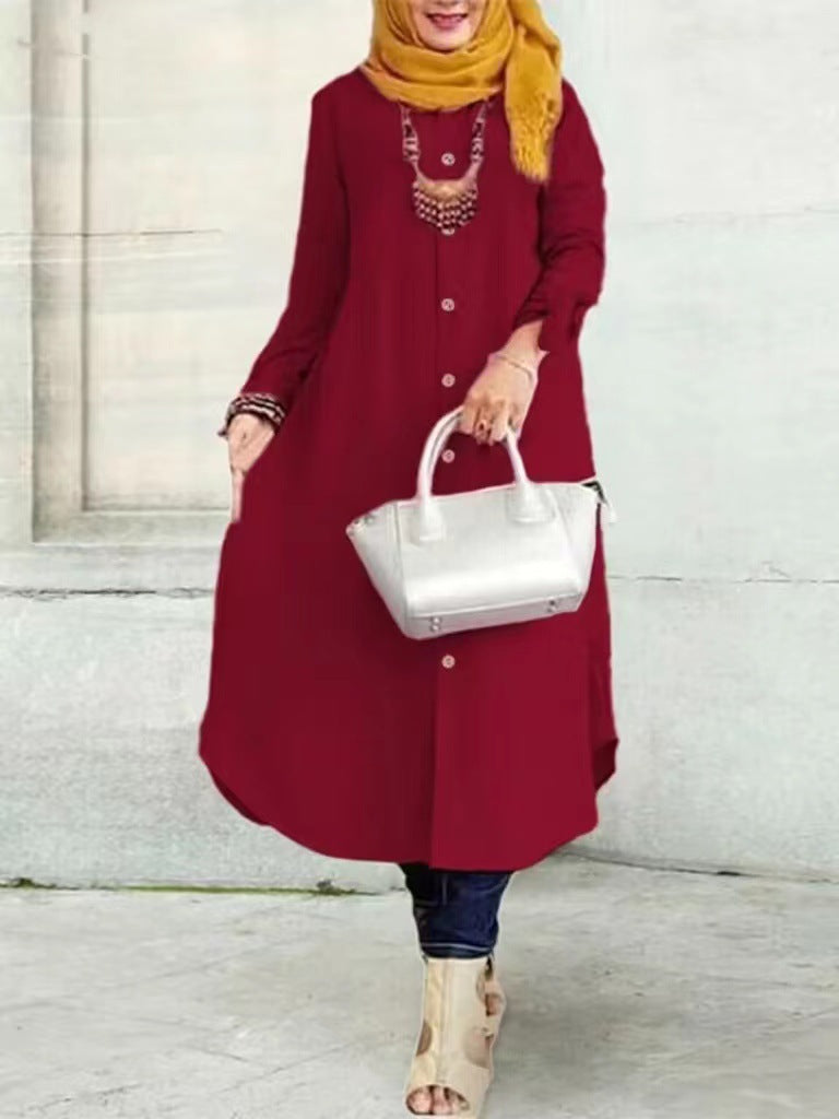 Women's Long-sleeved Solid Color Wooden Button-down Shirt Dress