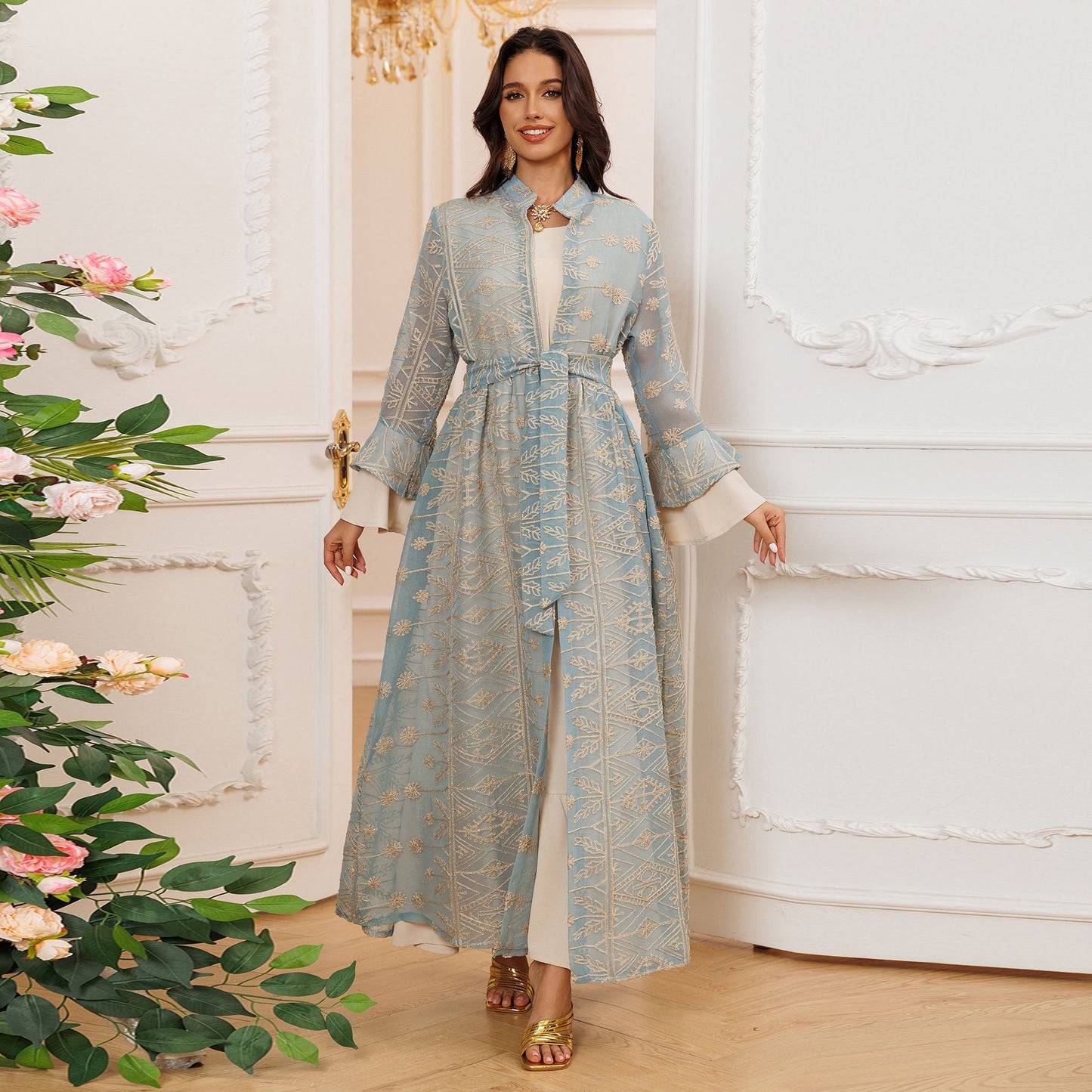 Elegant Long Skirt Embroidered Robe Two-piece Set