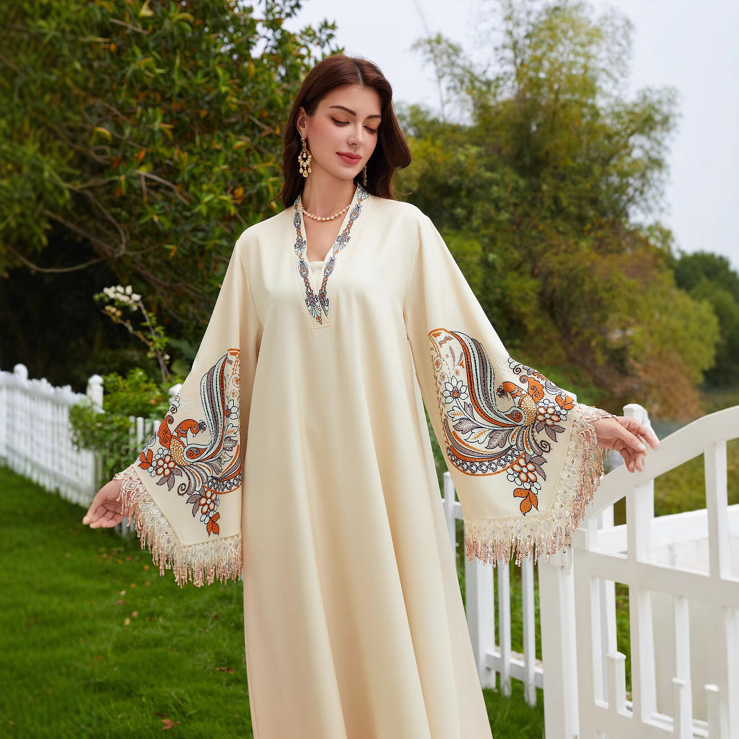 Printed Fringe-Sleeve Muslim Kaftan Maxi Dress