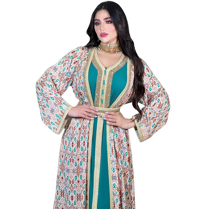 Women's Muslim Luxury Diamond Rhinestone Robe Two Piece Sets