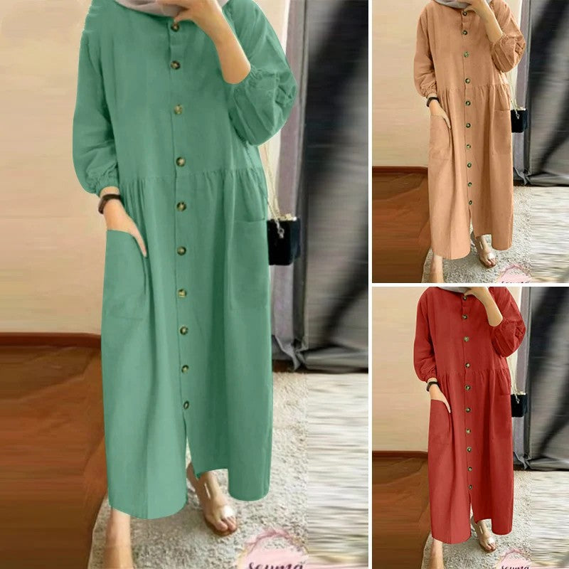 Button-Front Pocket Muslim Midi Day Dress