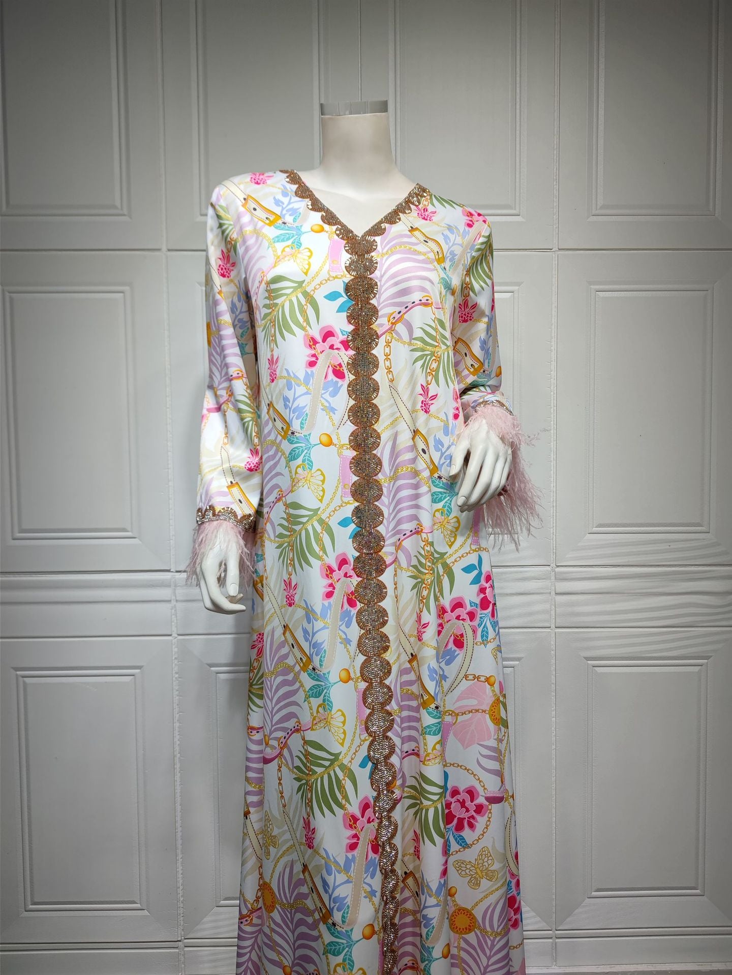 Hot Diamond Ostrich Feather Patchwork Printed Dress