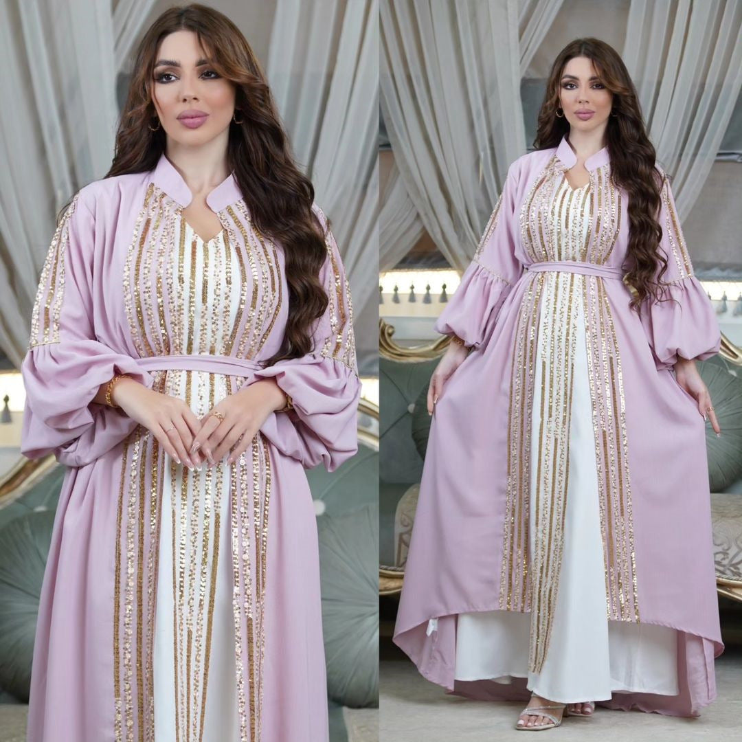 Beaded Embroidered Bubble Sleeve Dress Two Piece Set