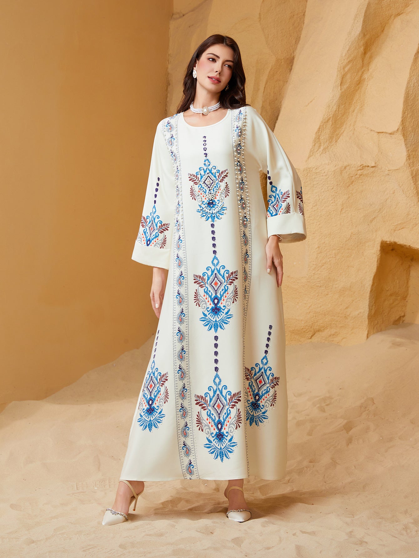 Muslim Polyester Pearl Rhinestone Party Maxi Dress