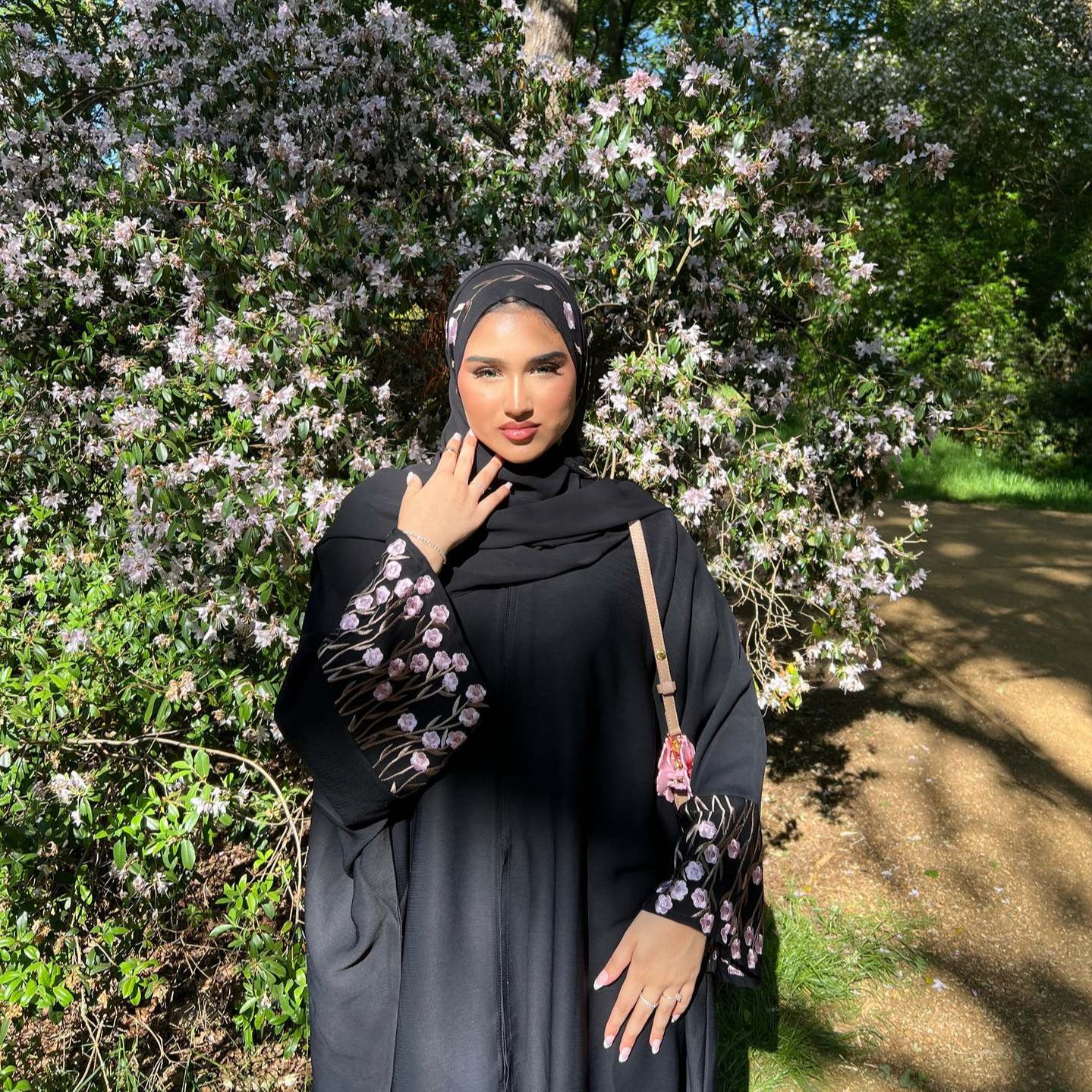 Embroidered Cardigan Abaya with Floral Sleeve Detail