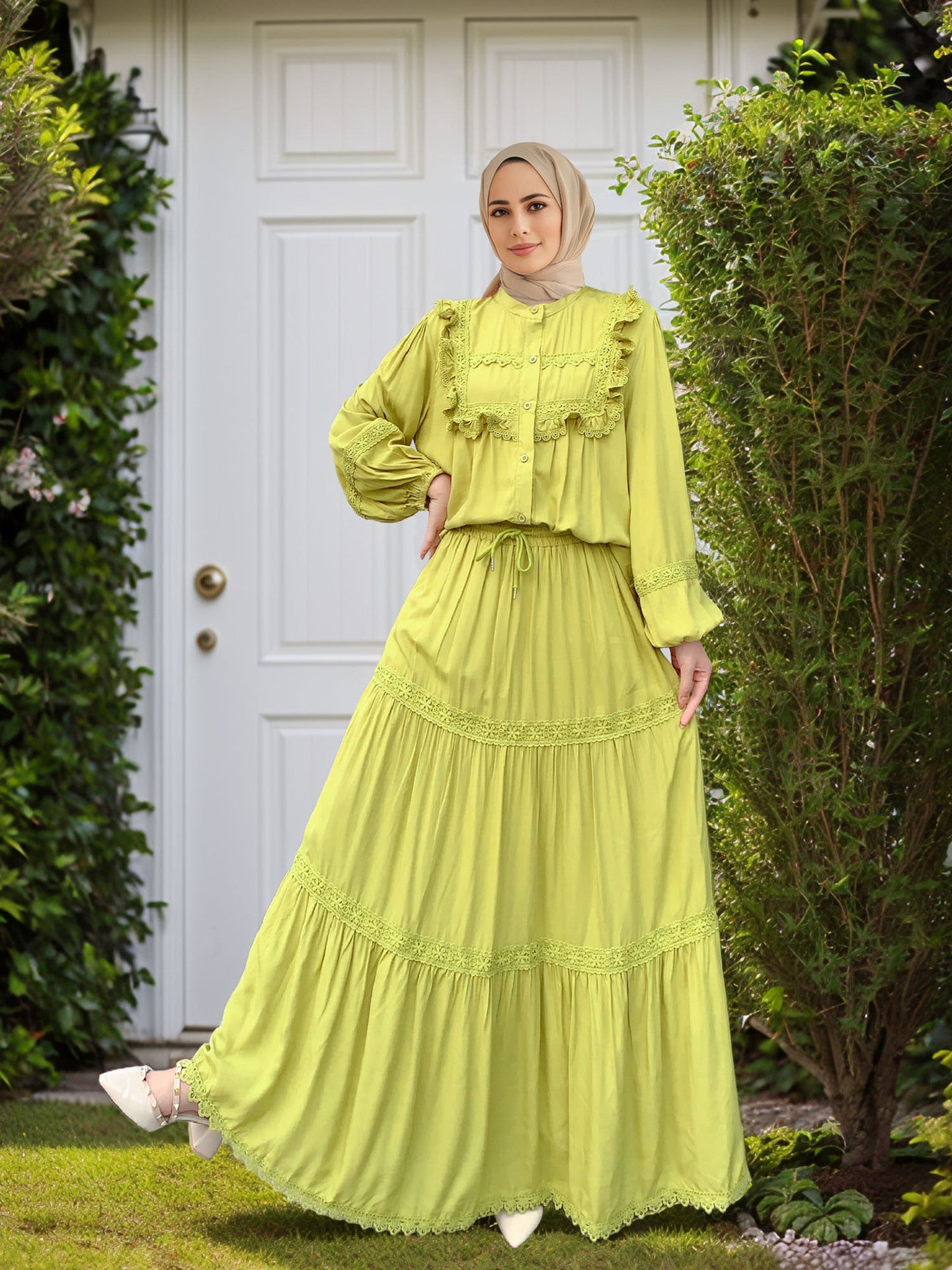Lace Ruffle Trim Muslim Two-Piece Skirt Set