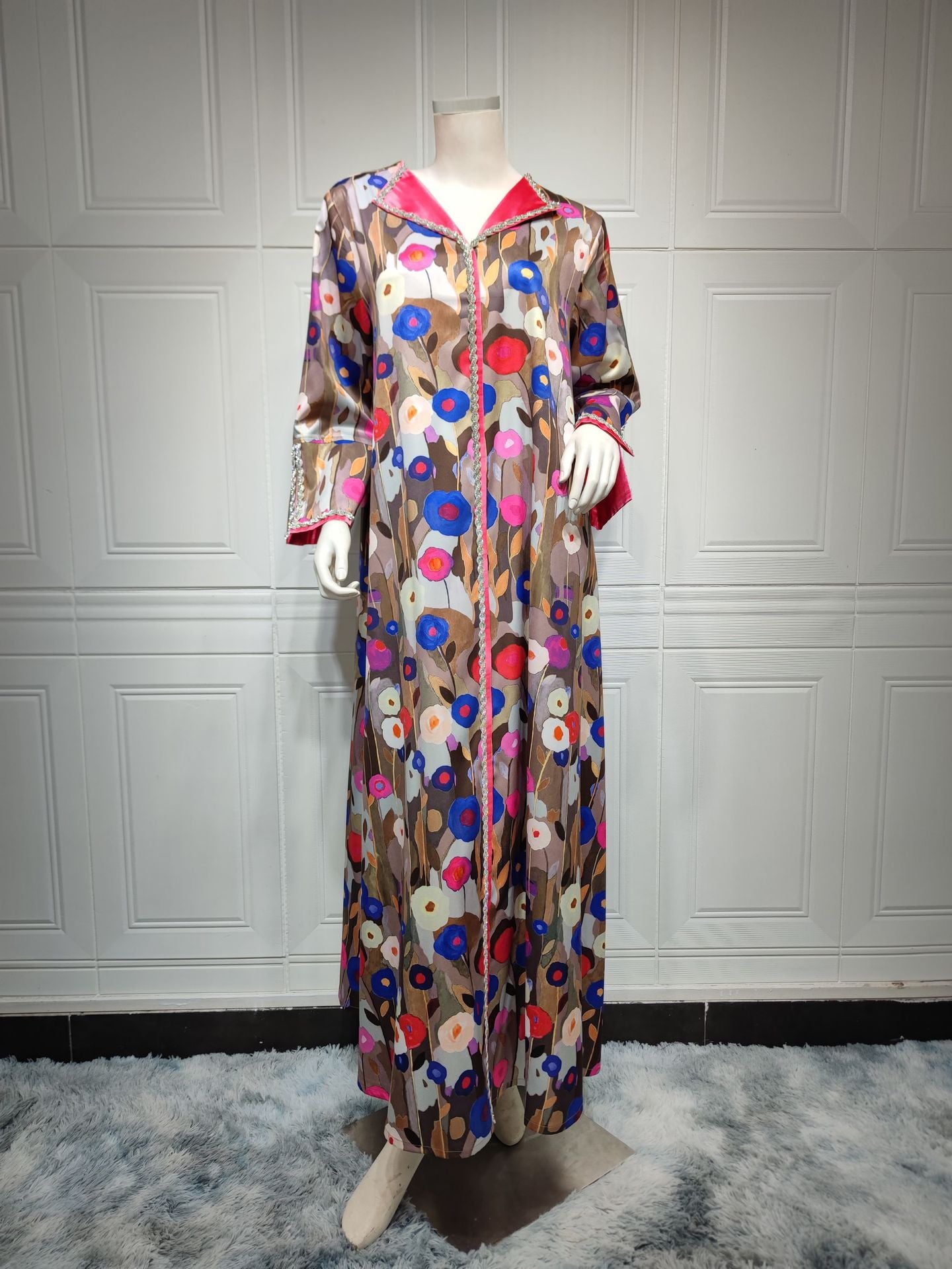 Women's Print Satin-paneled Jalabiya Dress