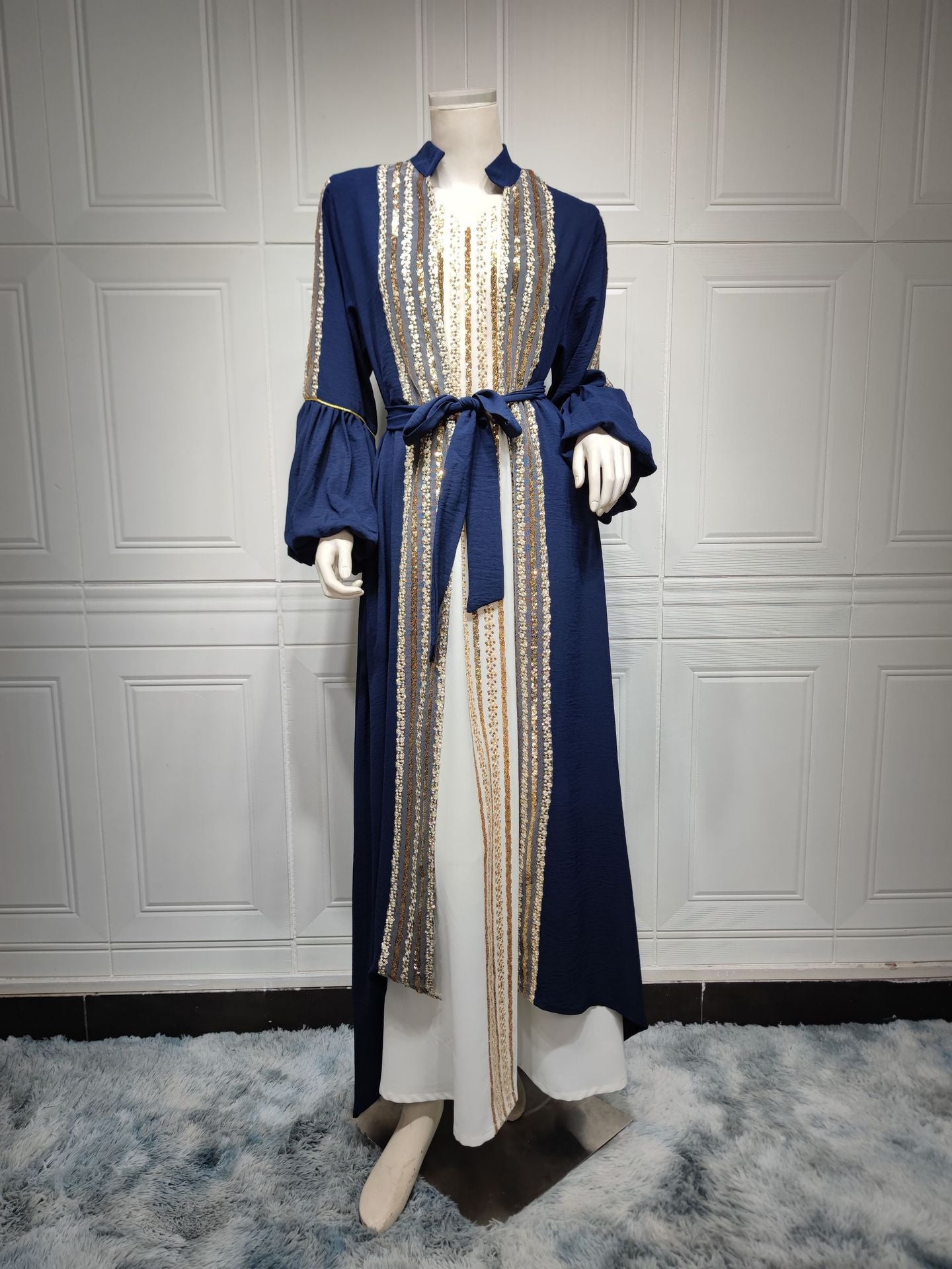 Beaded Embroidered Bubble Sleeve Dress Two Piece Set