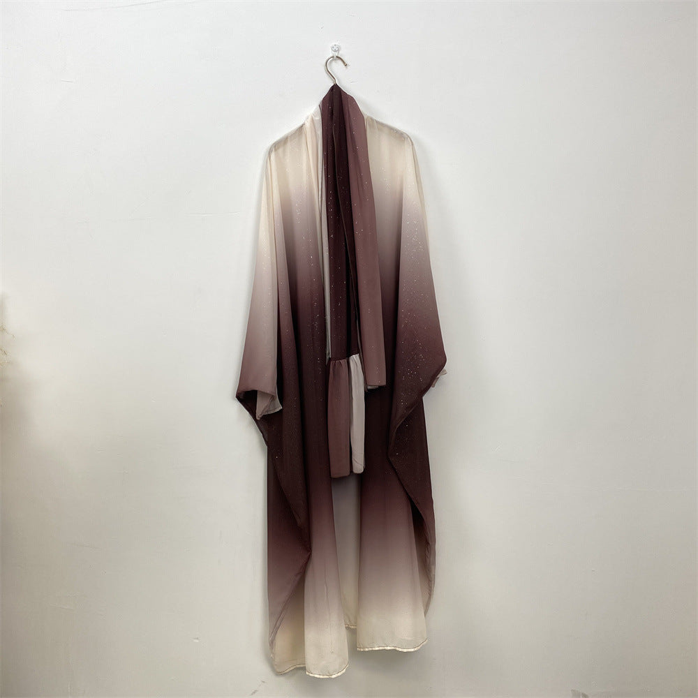 Muslim Chiffon Cardigan Gradient Bat Sleeve Set with Hijab