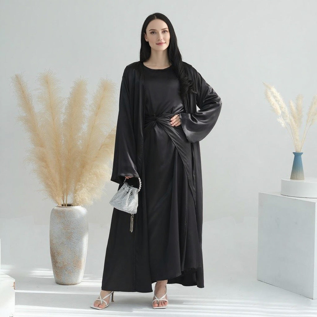 Solid Color Three Piece Abaya Set with Inner Dress and Belt