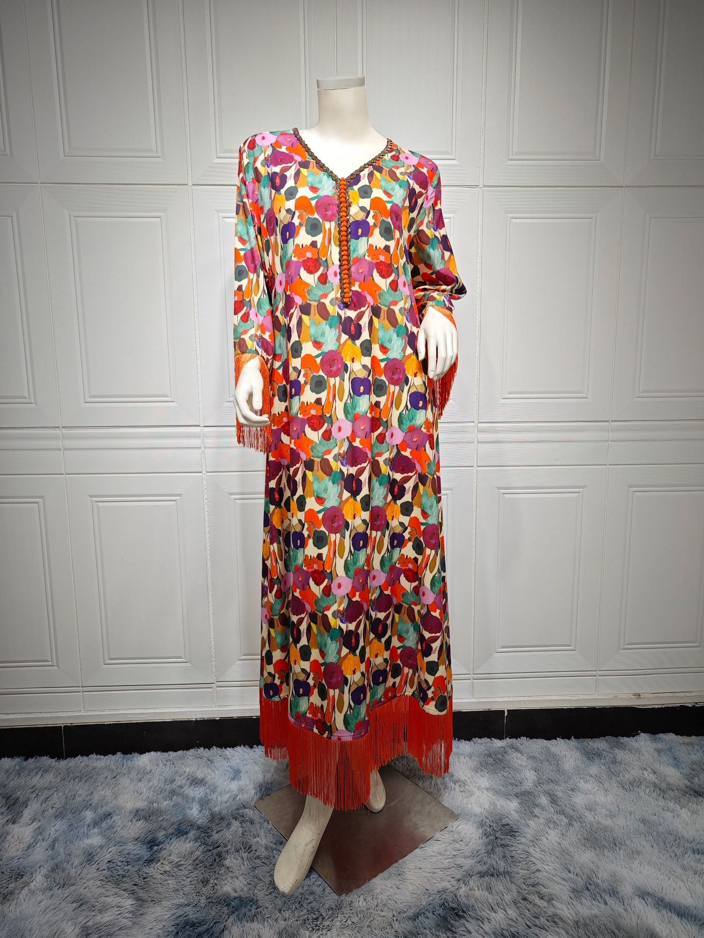 Print Casual V-Neck Jalabiya Dress