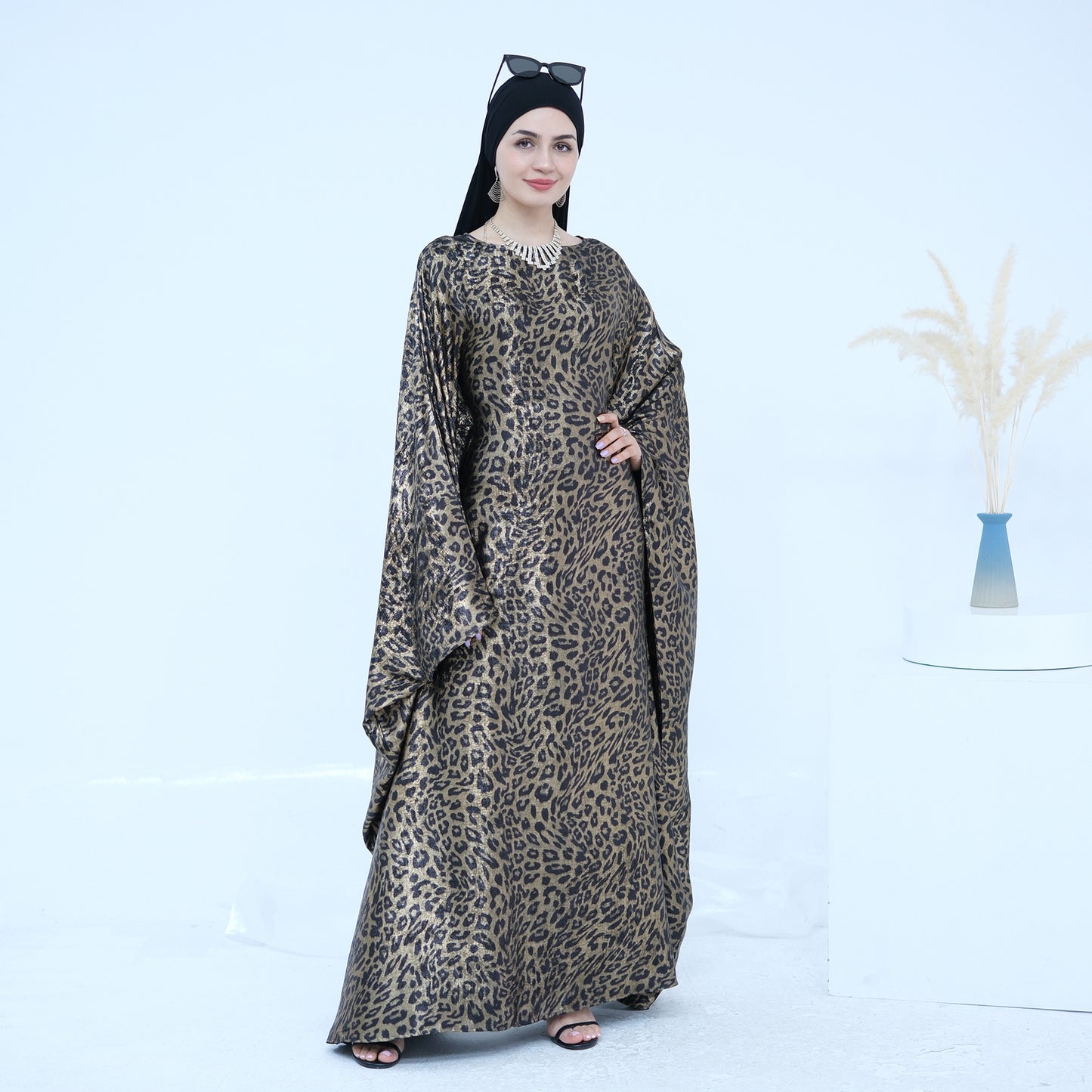 Leopard Print Arab Modest Batwing Sleeve Kaftan Dress