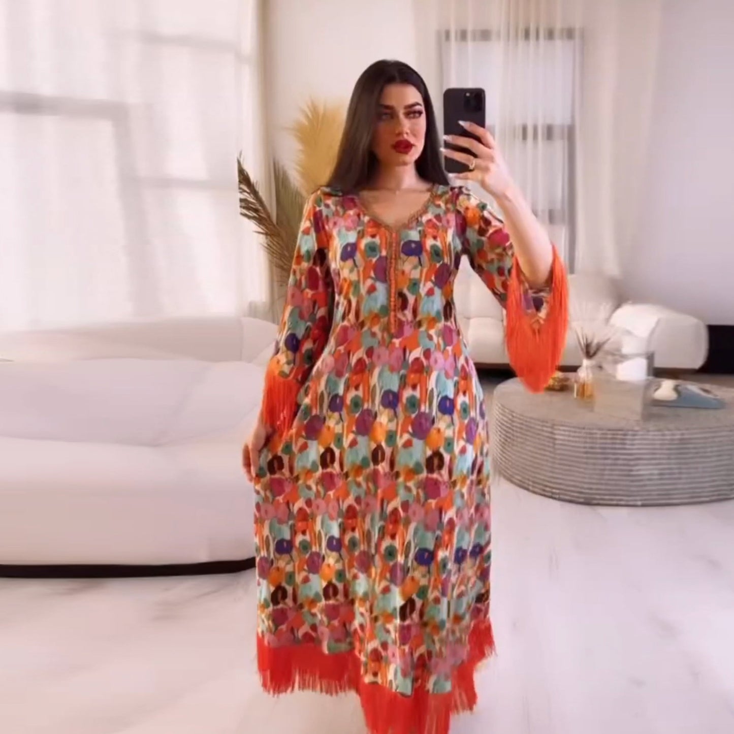 Print Casual V-Neck Jalabiya Dress