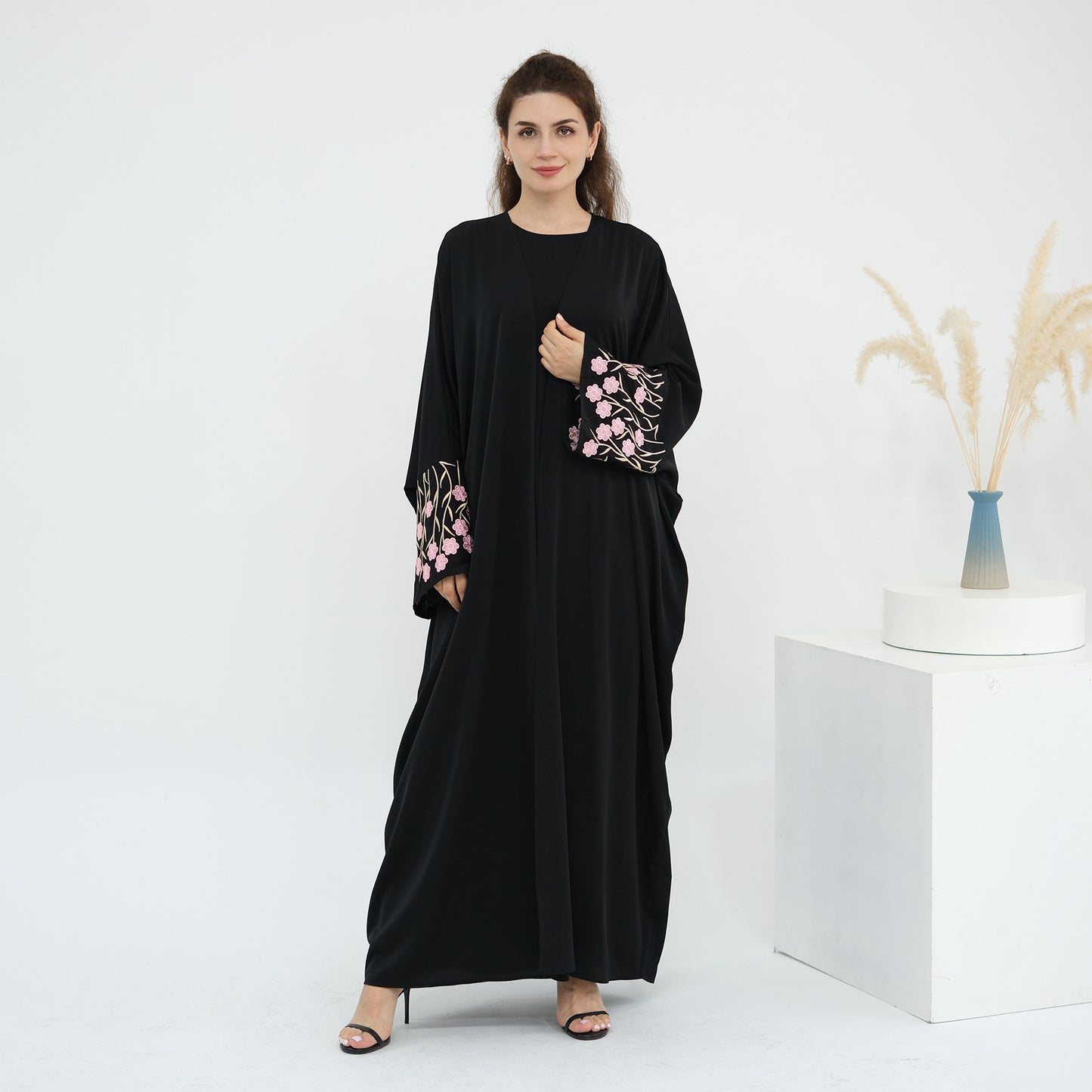 Women's Dubai Floral Embroidered Elegant Open Abaya Robe