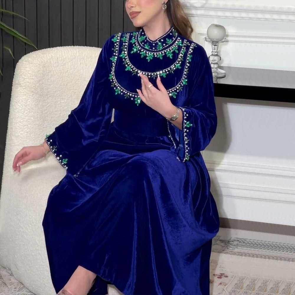 Women's Velvet Zipper Blue Jalabiya Dress Abayaya Women's Velvet Zipper Blue Jalabiya Dress Abayaya
