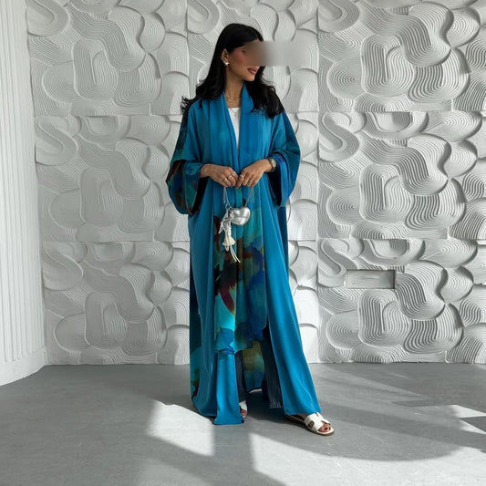 Printed Chiffon Open Abaya Cardigan Two Piece Set with Hijab