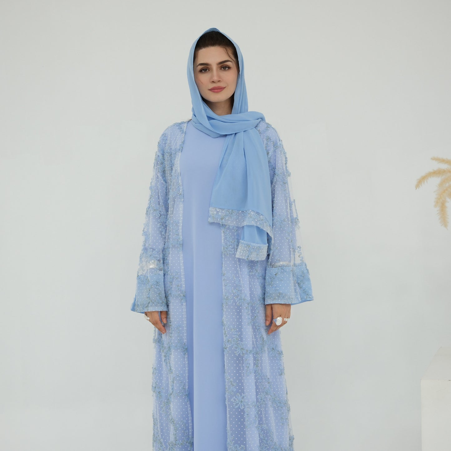 Elegant 3D Floral Mesh Open Abaya with Optional Inner Dress and Scarf
