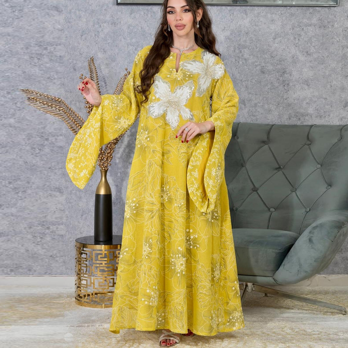 Women's Embroidered Chiffon Dress with Appliqués and Sequins
