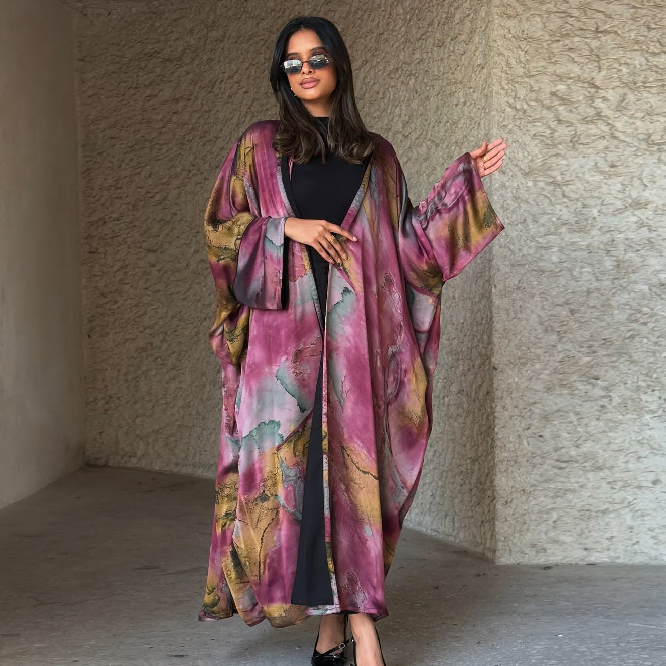 Modest Summer Fashion Satin Print Robe with Headscarf