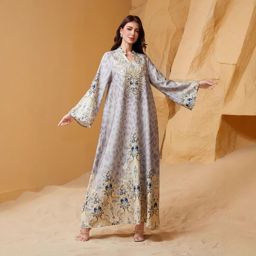 Muslim Polyester Crystal Studded Party Maxi Dress