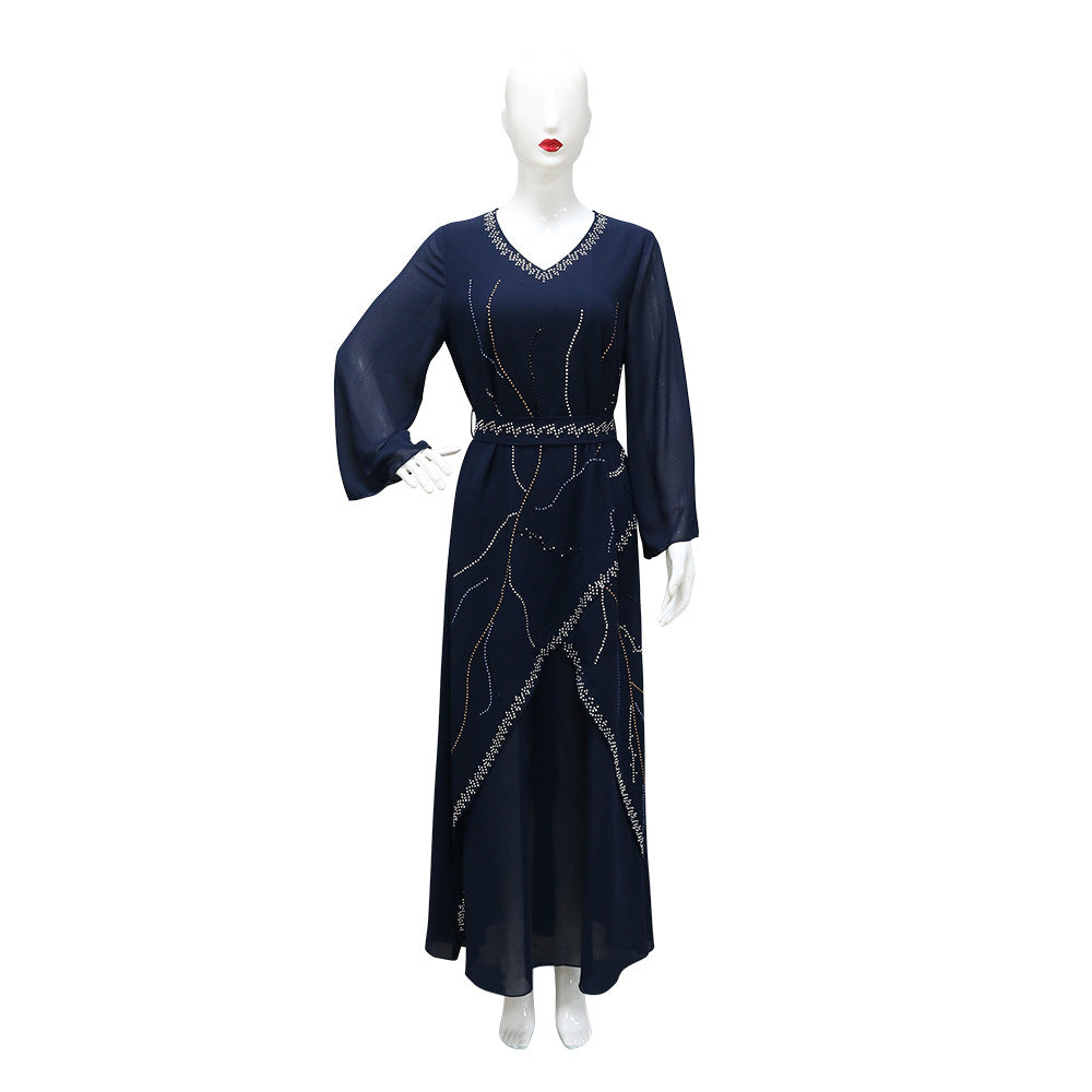 Women's Hot Diamond Chiffon Dress with Belt