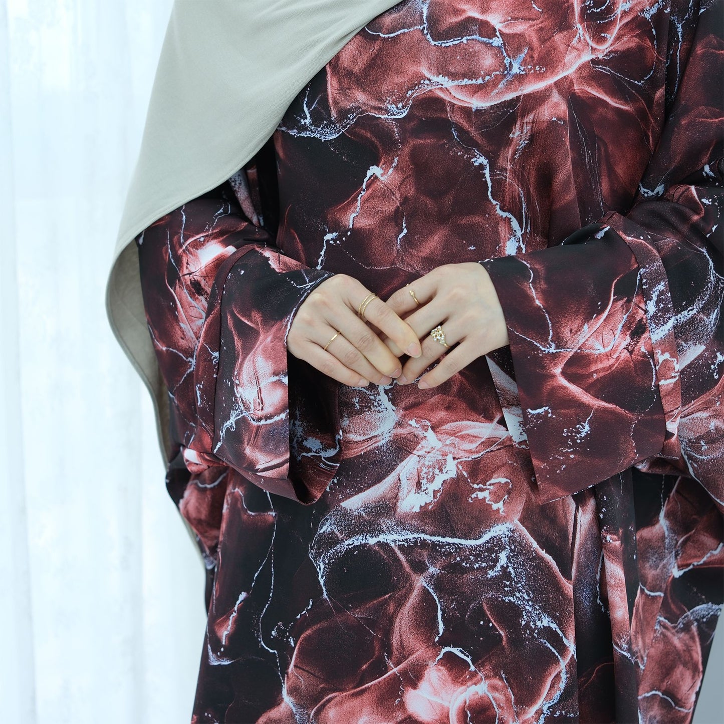 Satin Printed Maxi Dress with Waist Belt and Batwing Sleeves