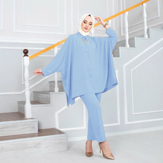 Loose Fit Batwing Sleeve Modest Two Piece Set with Shirt and Pants