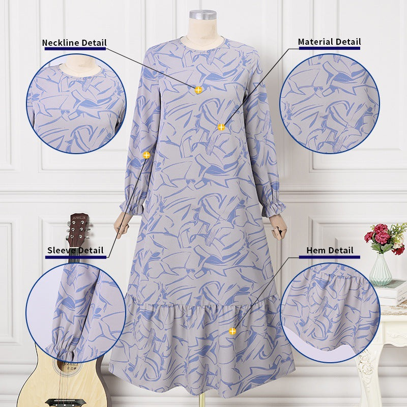 Women's Long-sleeved Geometric Print Ruffle Dress