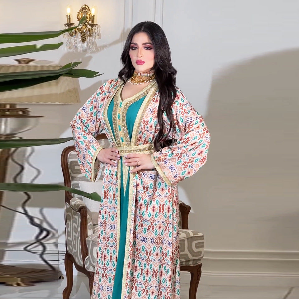 Women's Muslim Luxury Diamond Rhinestone Robe Two Piece Sets