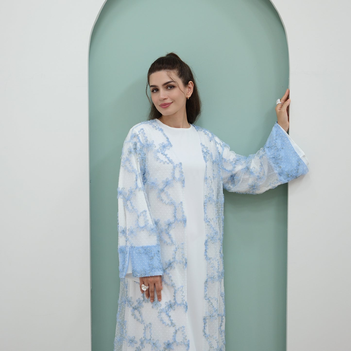 Elegant 3D Floral Mesh Open Abaya with Optional Inner Dress and Scarf