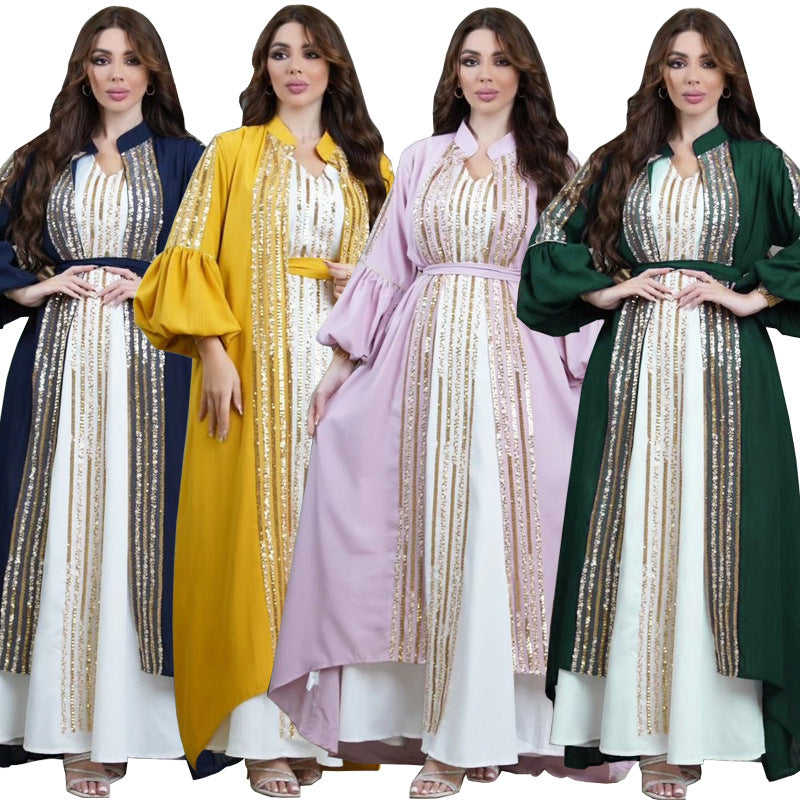 Beaded Embroidered Bubble Sleeve Dress Two Piece Set
