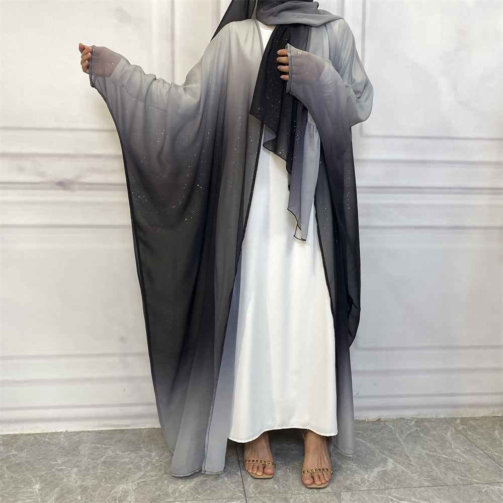 Muslim Chiffon Cardigan Gradient Bat Sleeve Set with Hijab