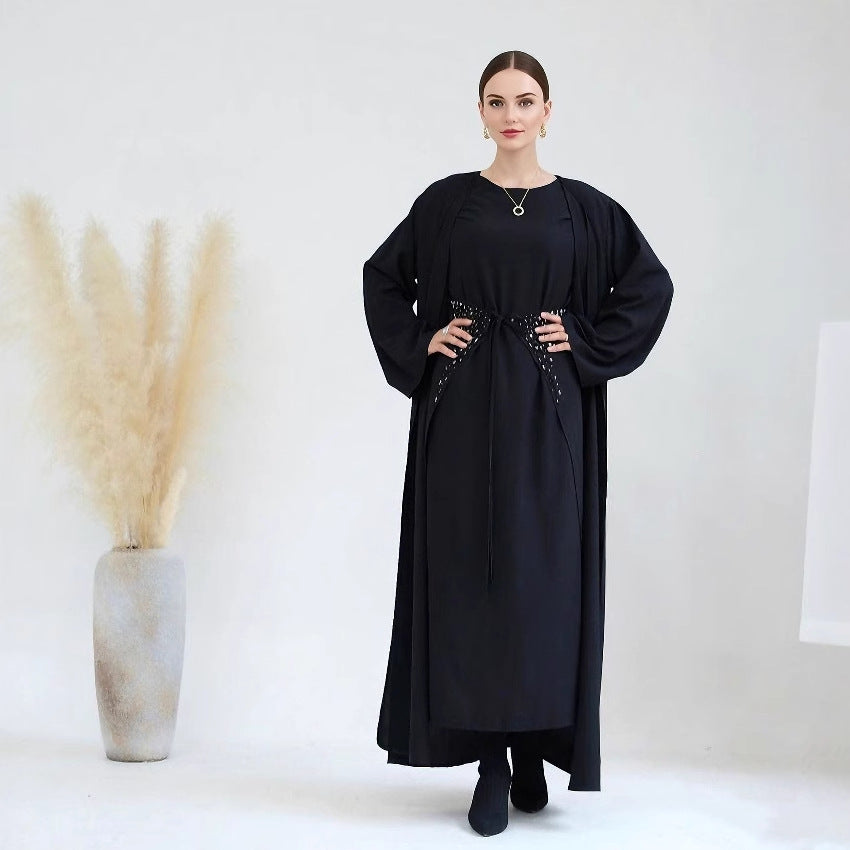 Solid Color Dress Set with Inner Maxi and Outer Abaya