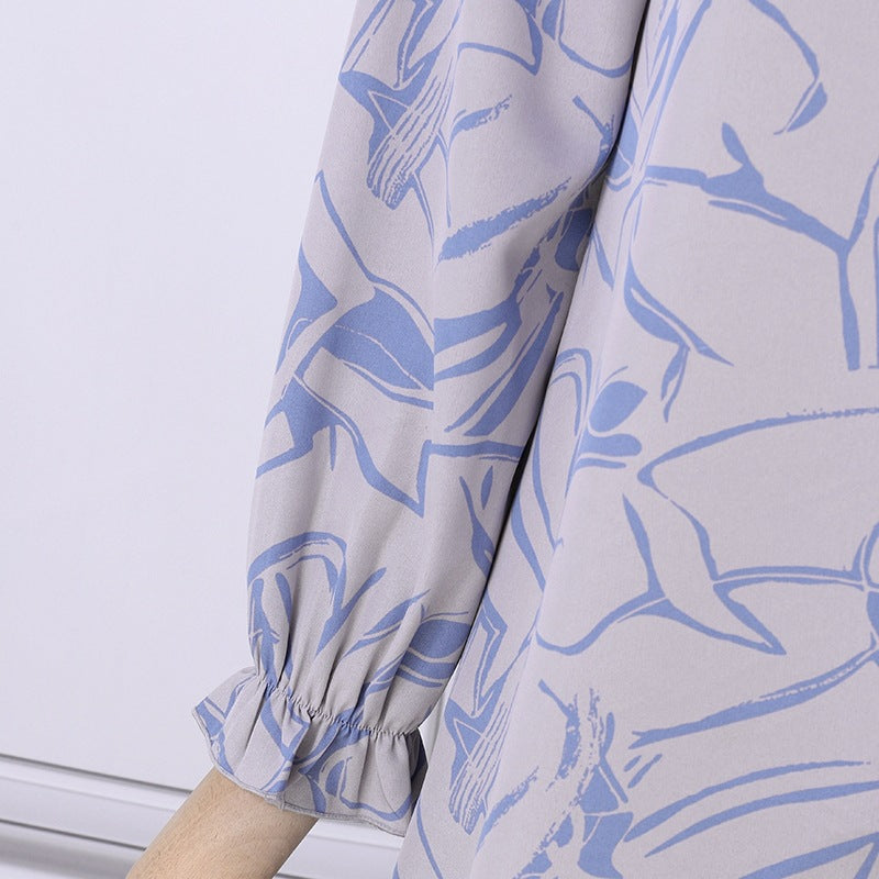 Women's Long-sleeved Geometric Print Ruffle Dress