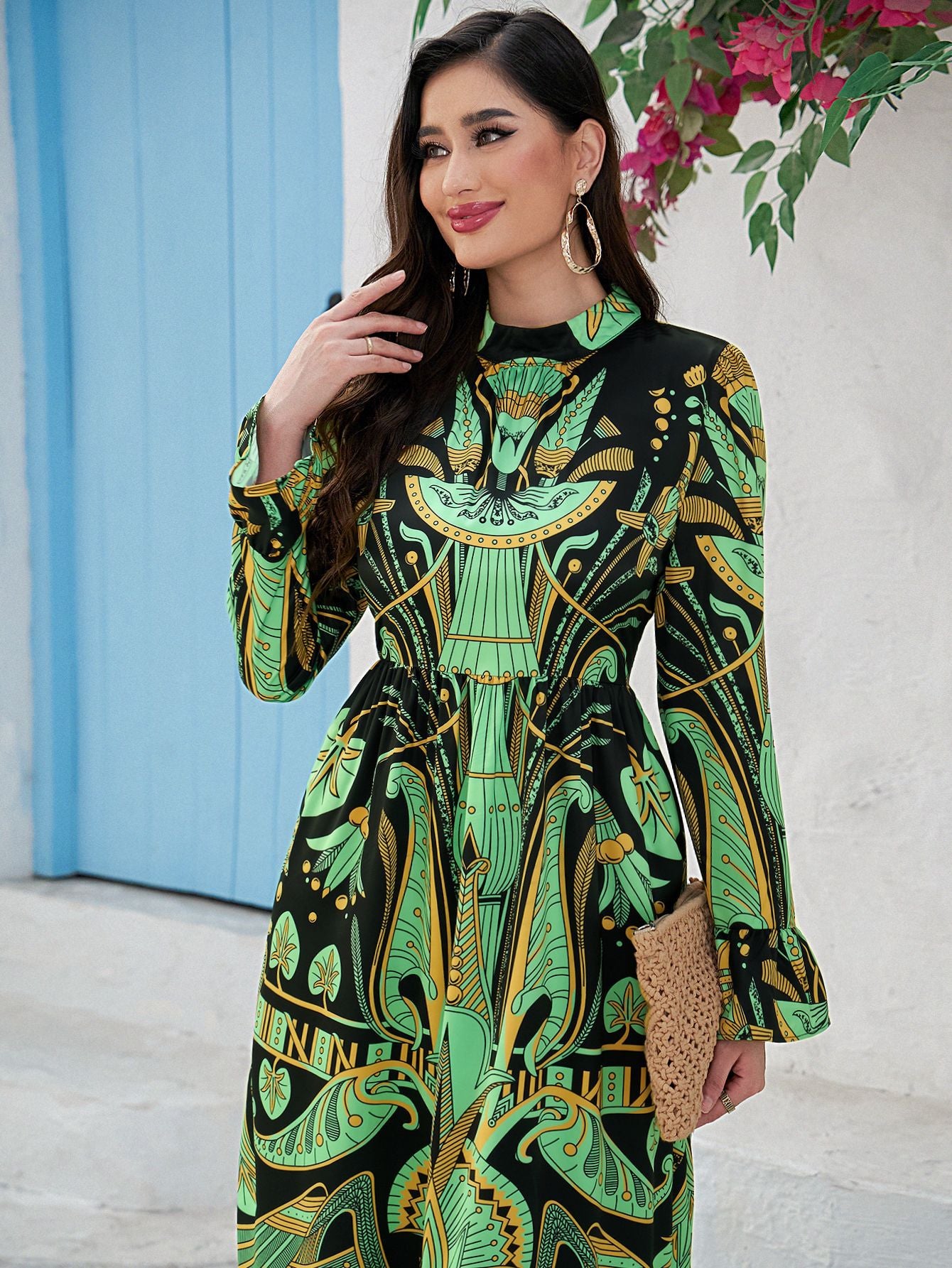 Women's Printed Flared Sleeve Oversized Dress