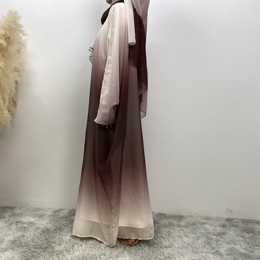 Muslim Chiffon Cardigan Gradient Bat Sleeve Set with Hijab