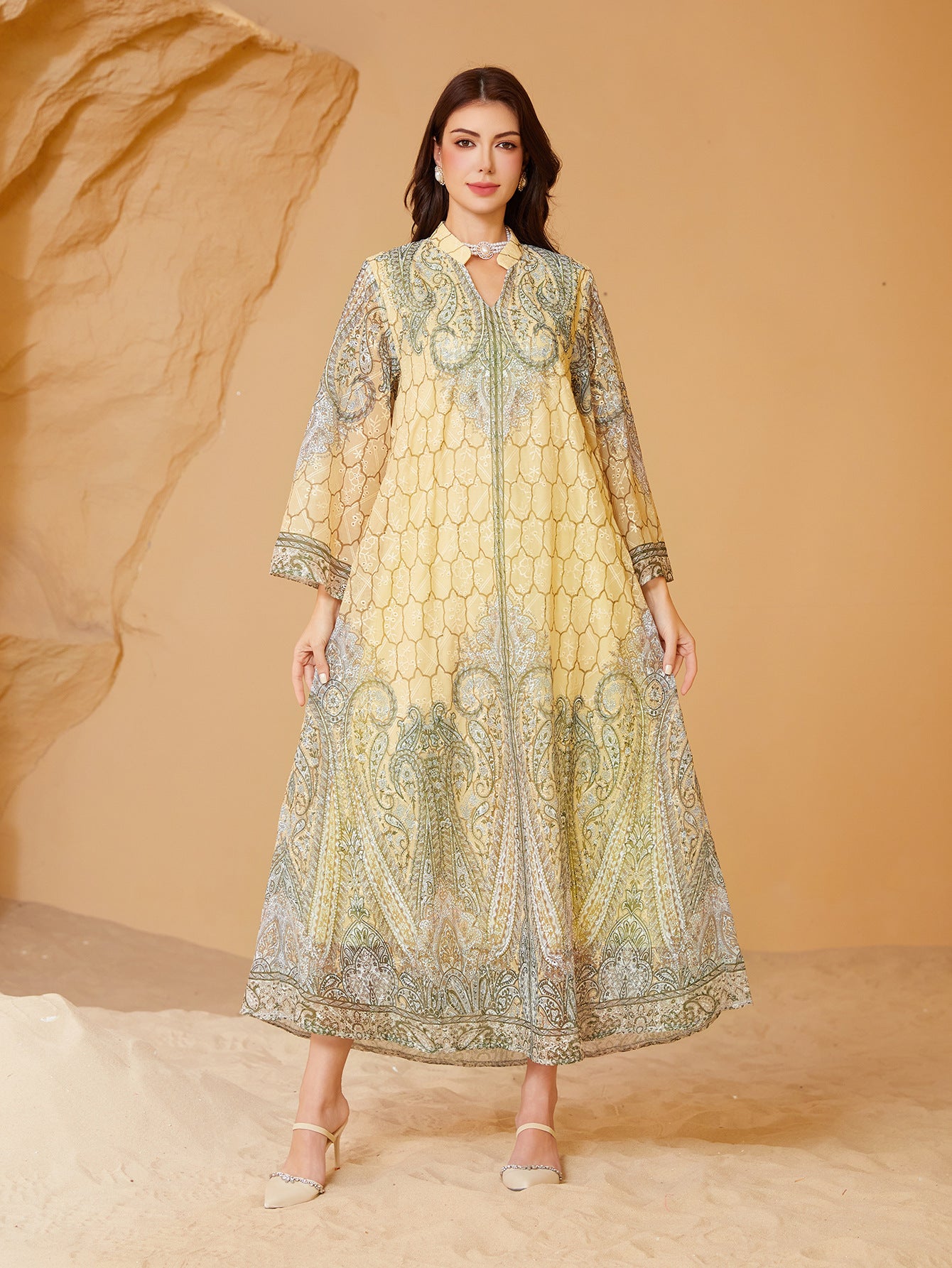 Embroidered Rhinestone Muslim Print Kaftan Dress