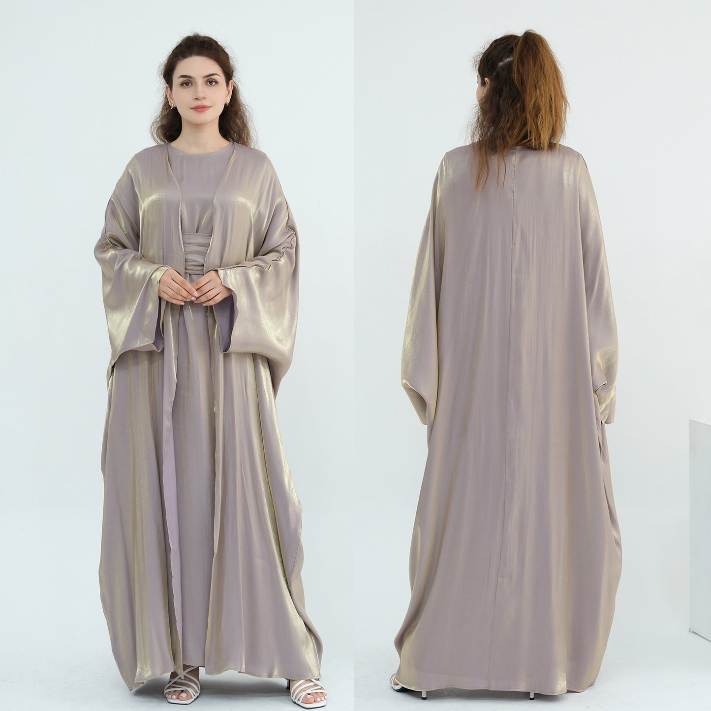 Elegant Solid Color Two Piece Abaya Set with Inner Dress