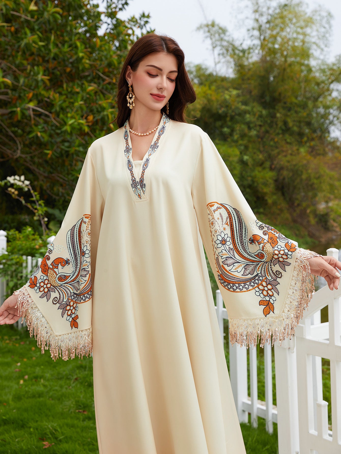 Printed Fringe-Sleeve Muslim Kaftan Maxi Dress