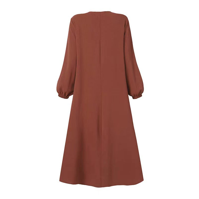 Women's Solid Color Long Sleeve Zipper Crewneck Dress