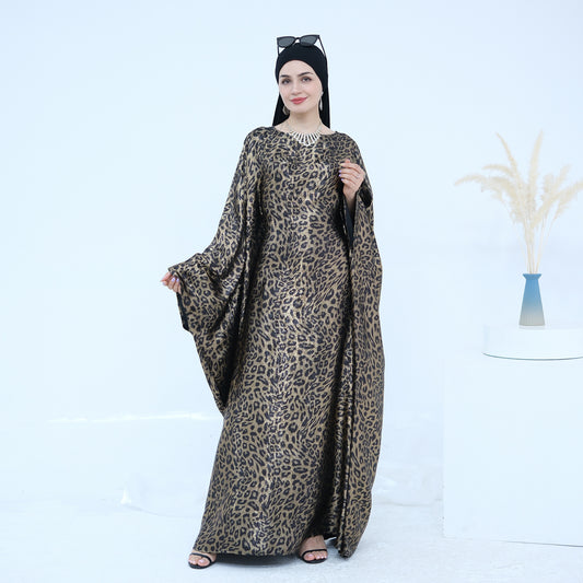 Leopard Print Arab Modest Batwing Sleeve Kaftan Dress