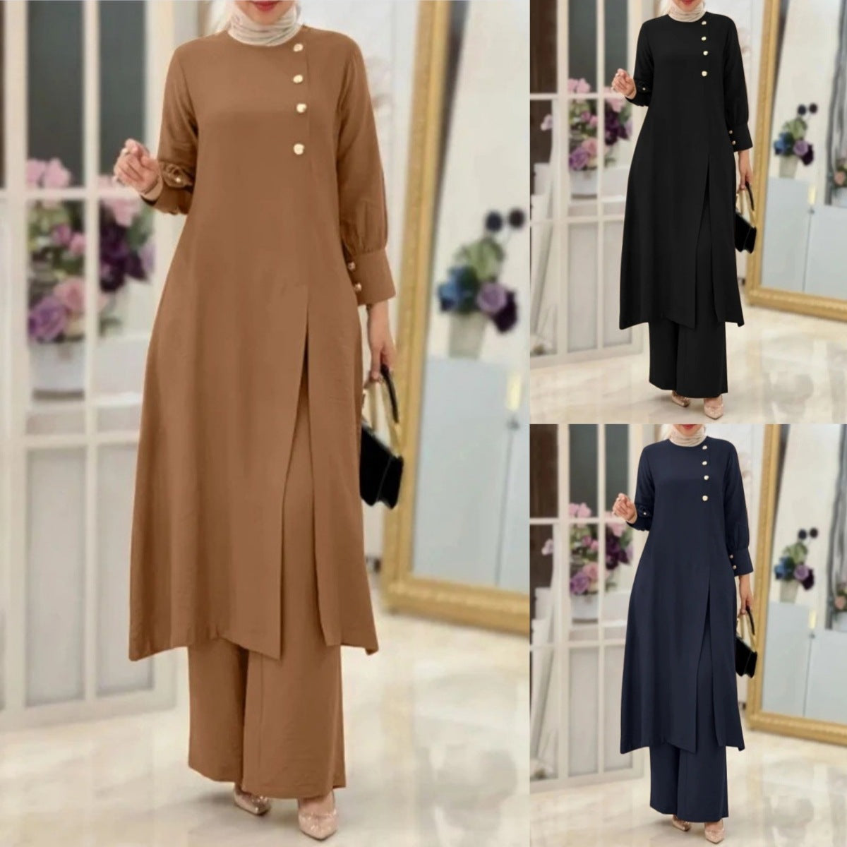 Women's Side Slit Long Shirt Wide Leg Pants Two-Piece Sets