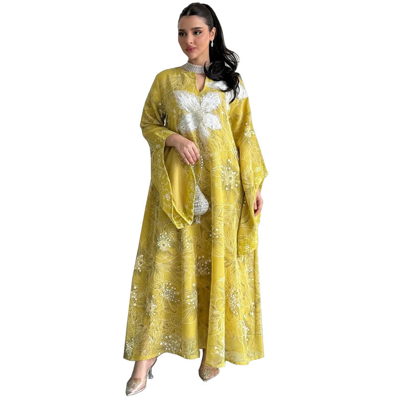Women's Embroidered Chiffon Dress with Appliqués and Sequins