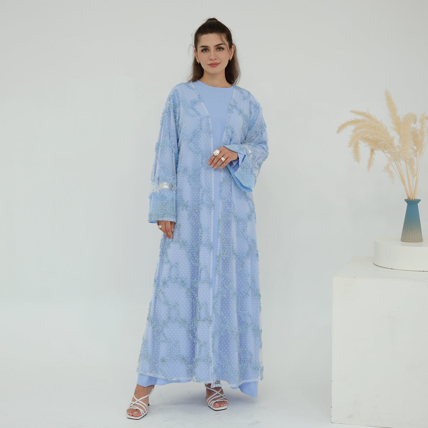 Elegant 3D Floral Mesh Open Abaya with Optional Inner Dress and Scarf