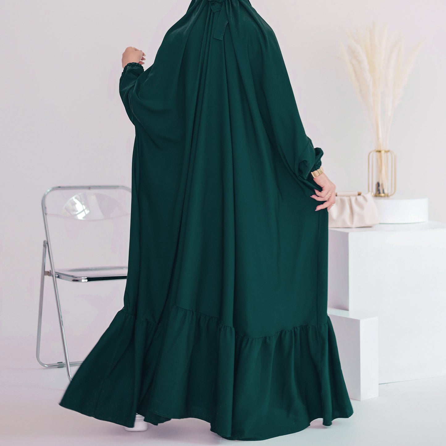 Women's Solid Color Robe Dress Jilbab Include Headscarf
