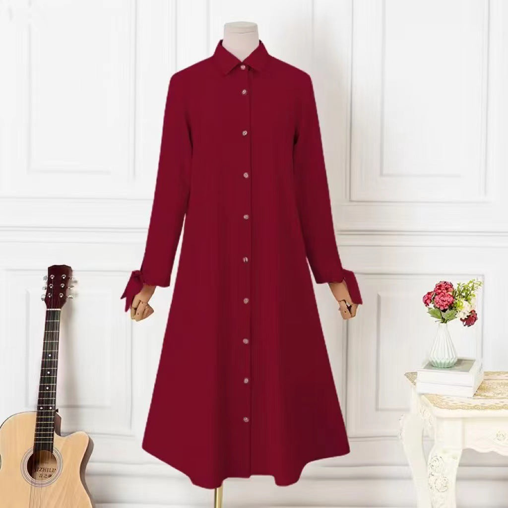Women's Long-sleeved Solid Color Wooden Button-down Shirt Dress