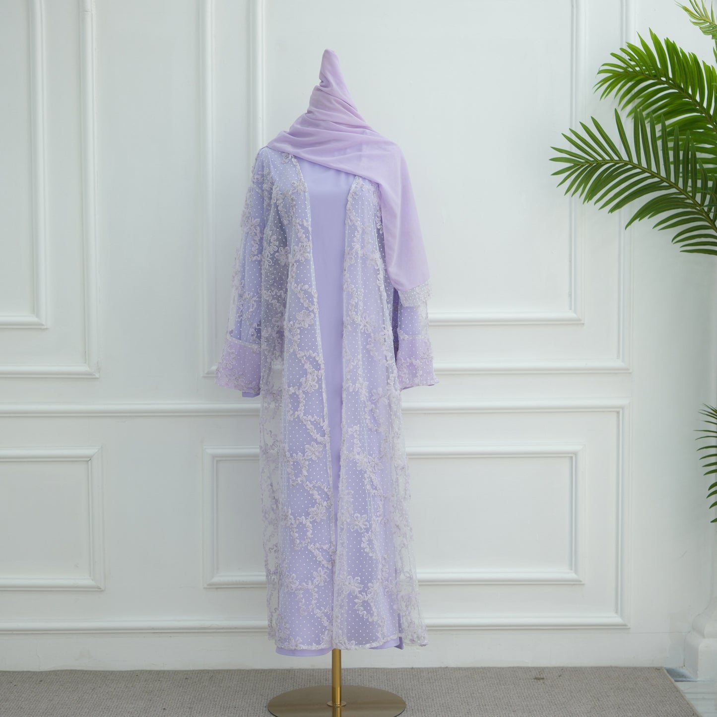 Elegant 3D Floral Mesh Open Abaya with Optional Inner Dress and Scarf