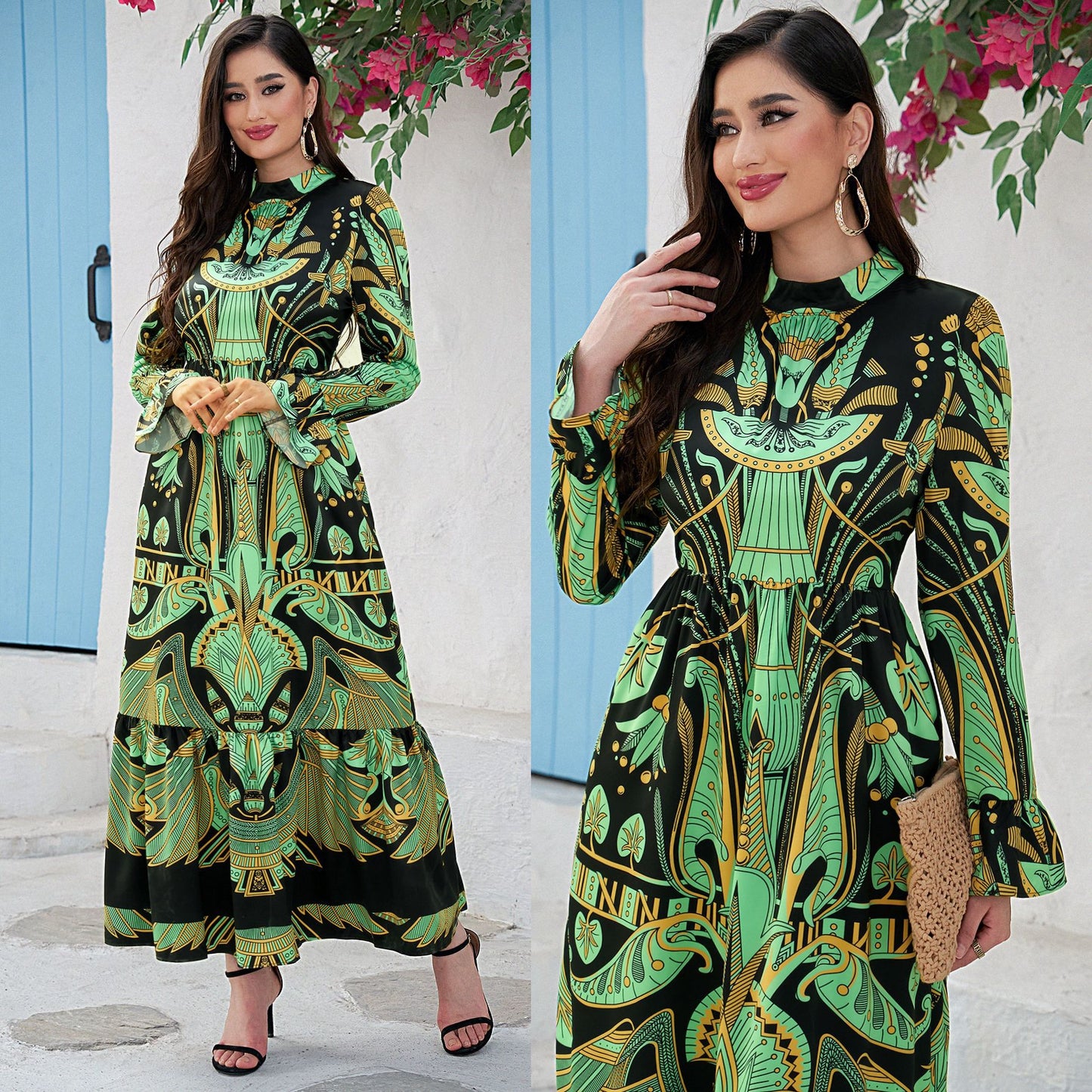 Women's Printed Flared Sleeve Oversized Dress