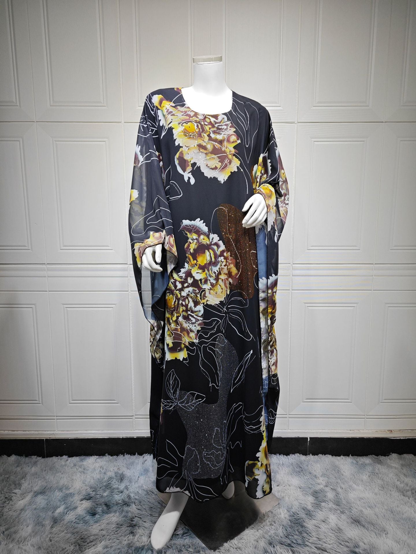 Printed Large-flowered Hot Diamond Chiffon Dress
